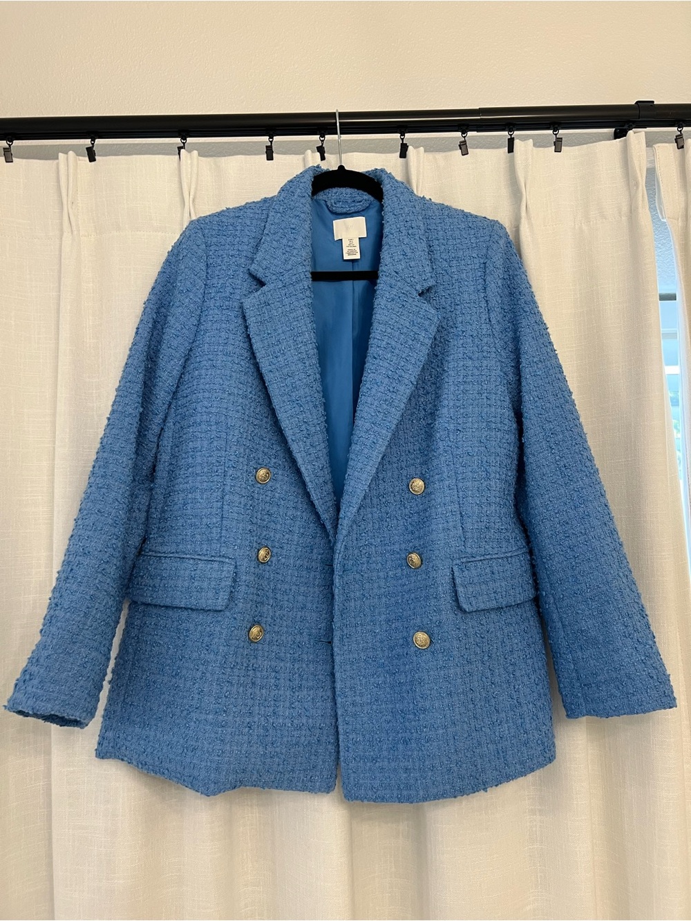 Womens Double-Breasted Bouclé Blazer Jacket - Blue H&M